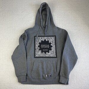 Hustle Gang Gray Hoodie Sweatshirt with Native American Design Sleeve Mens M